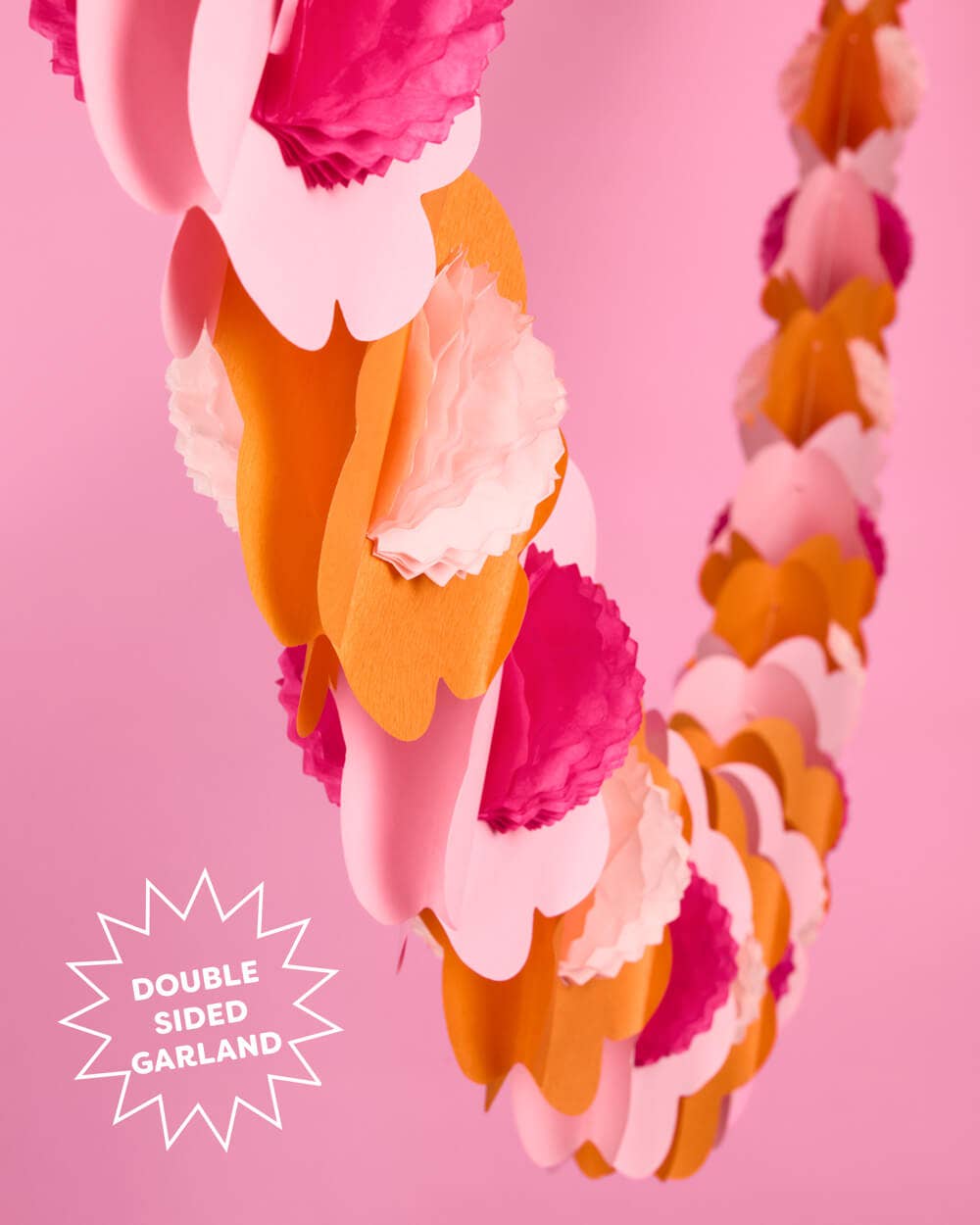 Flower Garland - 3D paper 10 ft banner, pink, orange, kids