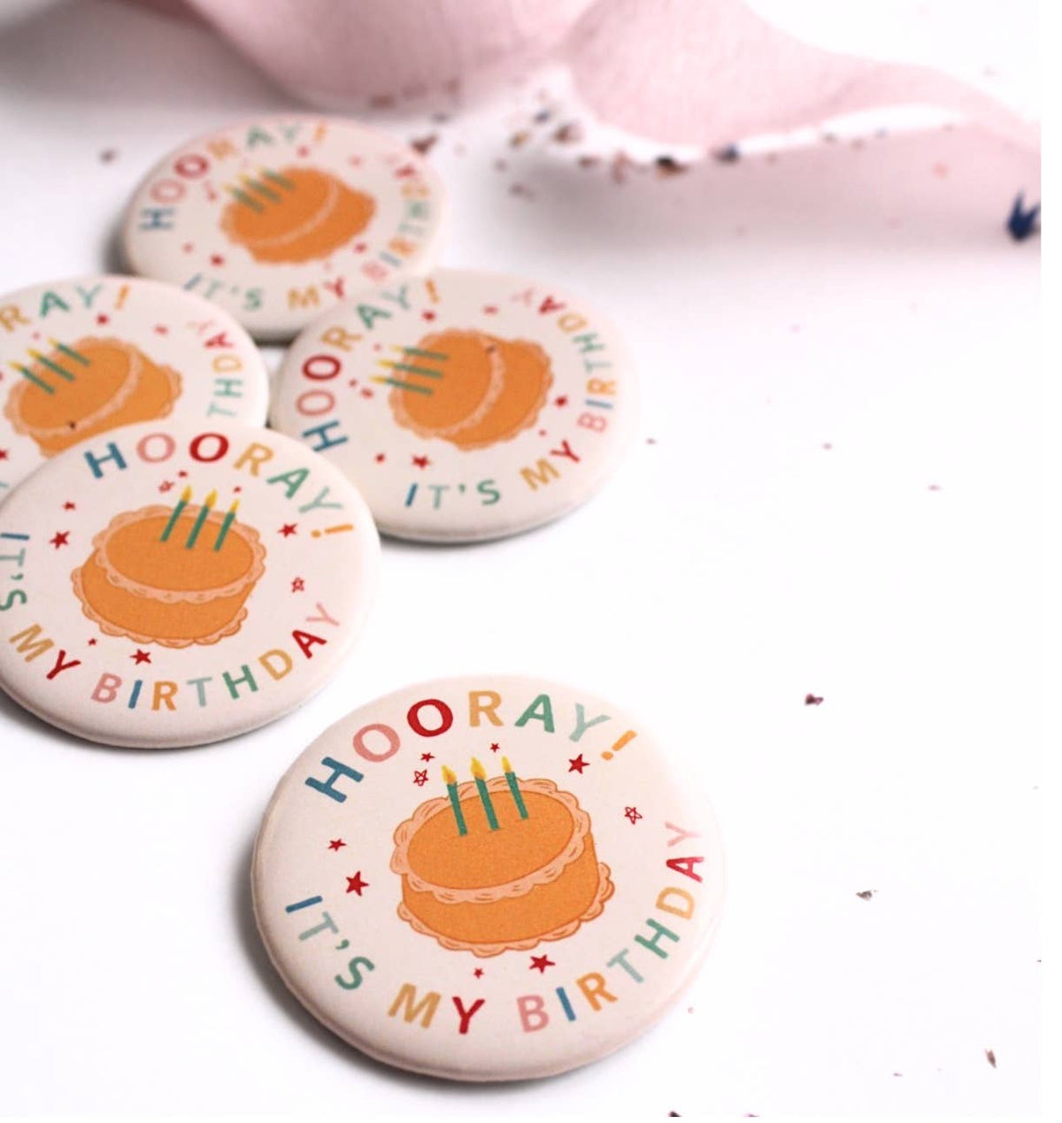 2.25" Hooray It's My Birthday Vintage Cake Button Pin Badge