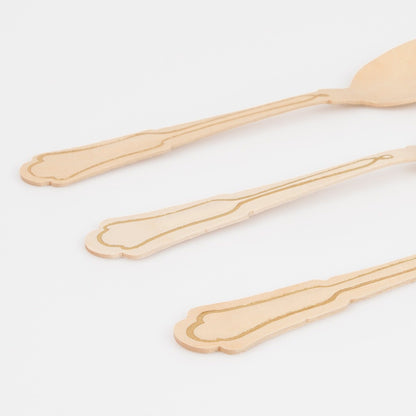 Elegant Gold Foil Detail Wooden Cutlery Set (x 24)
