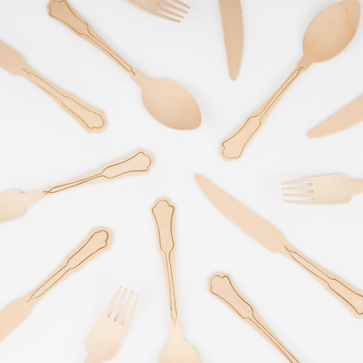 Elegant Gold Foil Detail Wooden Cutlery Set (x 24)