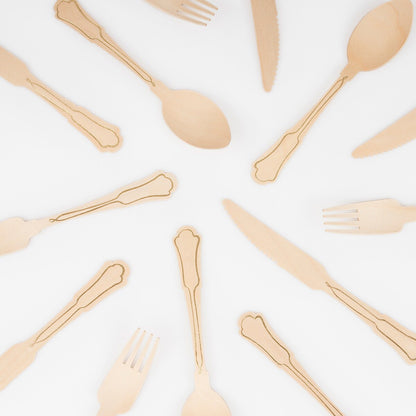 Elegant Gold Foil Detail Wooden Cutlery Set (x 24)