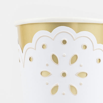 Broderie Anglaise Lace White Cups (x 8)